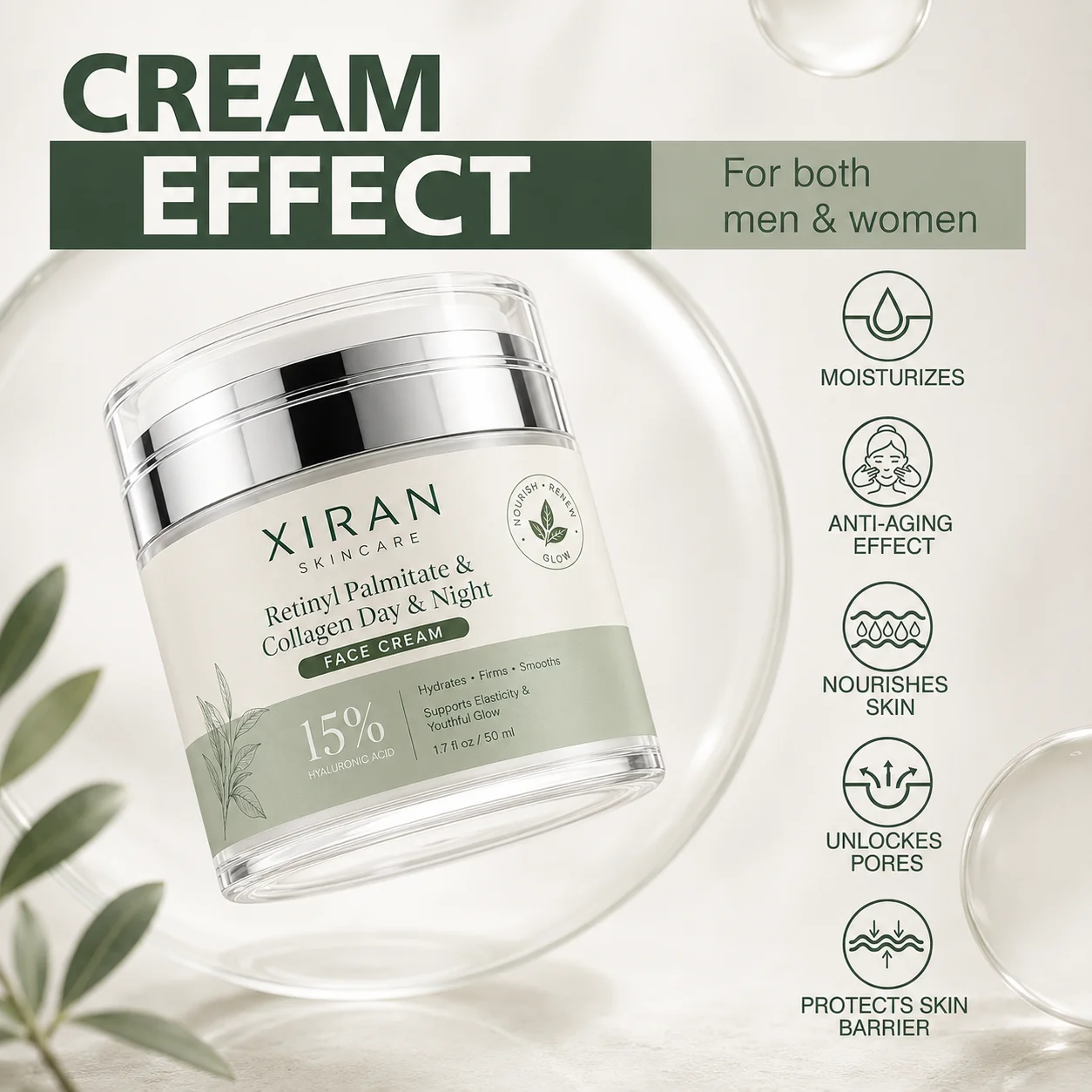 A jar of Xiran Skincare Retinyl Palmitate & Collagen Day & Night Face Cream with 15% hyaluronic acid on a minimalist background.